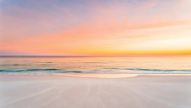 Serene beach at sunset with soft pastel hues of pink, orange, and yellow reflecting on calm sea and smooth sandy shore