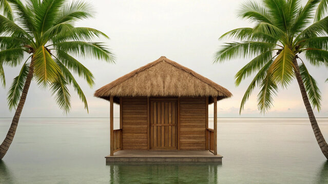 Serene wooden hut with thatched roof stands on calm water, flanked by two lush palm trees under soft, cloudy sky - Powered by Adobe