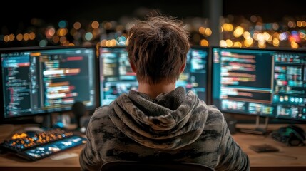 Obraz premium It professional coding on multiple monitors in dark mode urban office digital environment focused view