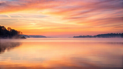 Fototapeta premium Serene lake at sunrise with vibrant orange, pink, and purple hues reflecting on calm water, surrounded by silhouettes of trees