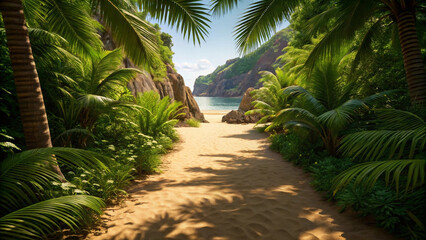 Serene tropical pathway surrounded by lush greenery leads to tranquil beach with clear blue water and rocky cliffs under sunny sky