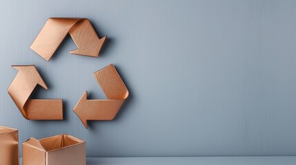 Raising Awareness Through Metal Recycling for a Sustainable Future, Recycling symbol on a blue wall with cardboard boxes, emphasizing sustainability and eco-friendliness.