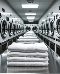Obraz premium Modern industrial laundry room interior with rows of washing machines and neatly folded towels, creating a sense of cleanliness, efficiency, symmetry, and professional service