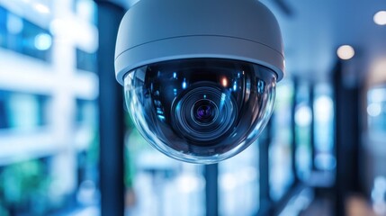 A surveillance camera with motion tracking capabilities monitoring an office space.