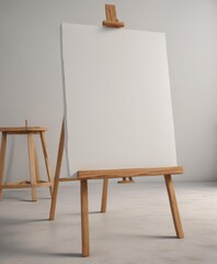Wooden easel legs & base support a large blank canvas ,  canvas,  legs