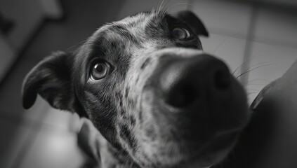 Close-up of a curious spotted dog peering into the camera lens.