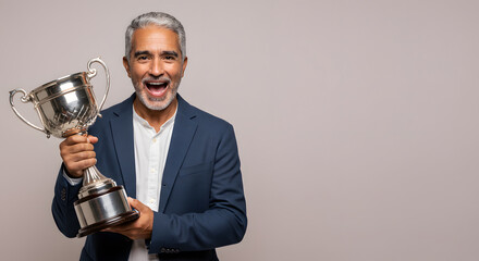 Triumphant Mature Man Holding a Trophy, Celebrating Success and Achievement
