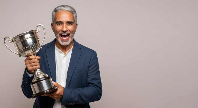 Triumphant Mature Man Holding a Trophy, Celebrating Success and Achievement