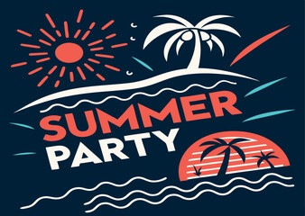 Vibrant summer party graphic featuring a beach scene with palm trees and bright sun elements