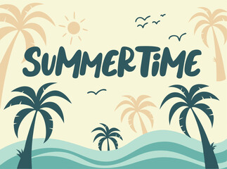 Fototapeta premium Vector illustration of a vibrant summery beach scene with palm trees and birds under the sun.
