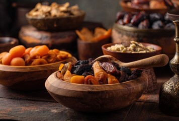 Rustic Display of Dried Fruits in Wooden Bowls with Soft Lighting and Traditional Elements for Culinary and Food Photography