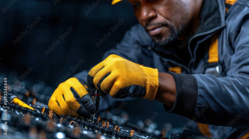 Poster a man in a yellow and black glove is working on a machine