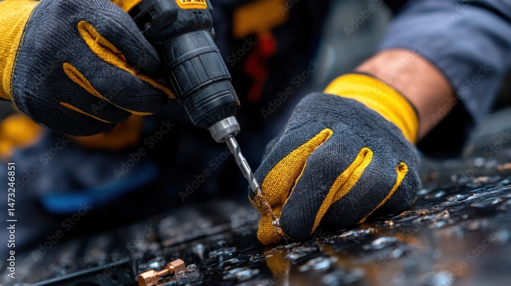 Poster a man is using a drill to make a hole in a metal surface