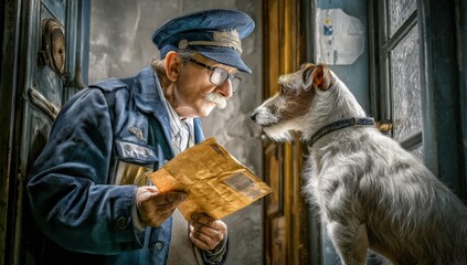 Elderly postman with dog and letter in rustic setting.