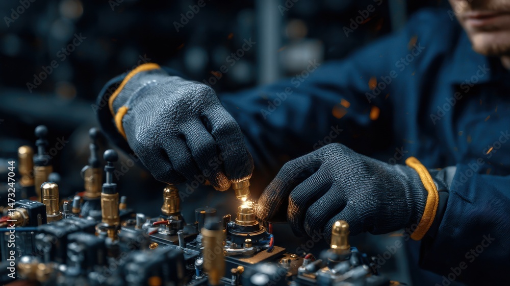 Poster a man is working on a machine with his hands