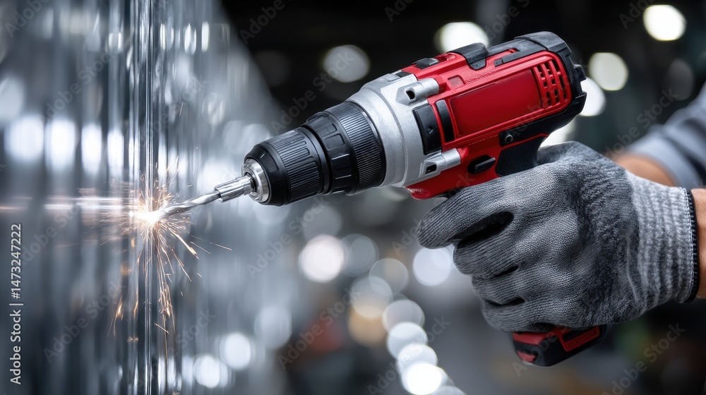 Poster a man is holding a power drill with a spark flying out of it