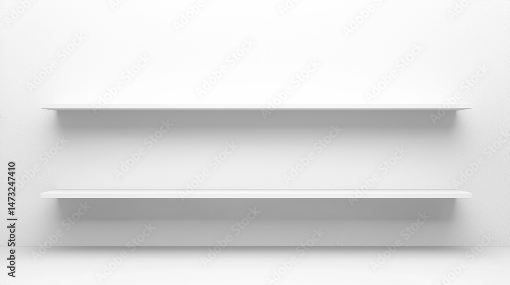 Poster minimalist image of two empty white floating shelves mounted on a plain white wall.