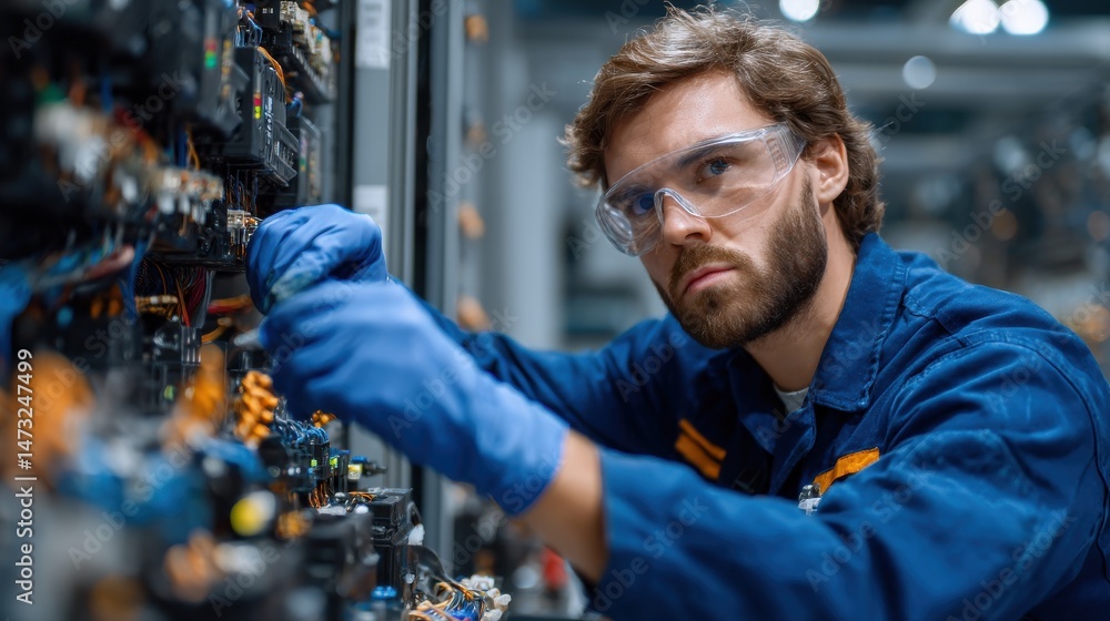 Poster a man in a blue jumpsuit is working on a machine