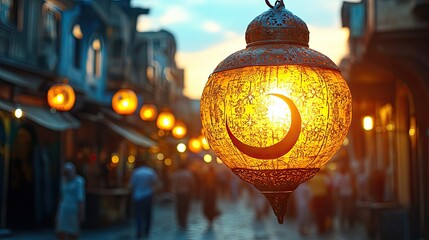 Illuminated Lantern with City Street, and Dusk.