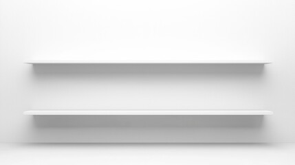 Minimalist image of two empty white floating shelves mounted on a plain white wall.