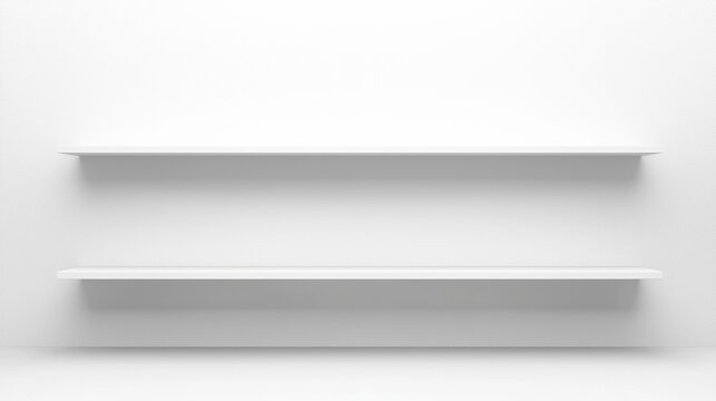 Minimalist image of two empty white floating shelves mounted on a plain white wall.