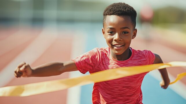 A junior runner crossing the finish line in a competition