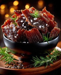 Savory and Delicious Jerky Served in a Black Bowl with Fresh Rosemary and Spices on a Wooden Board...