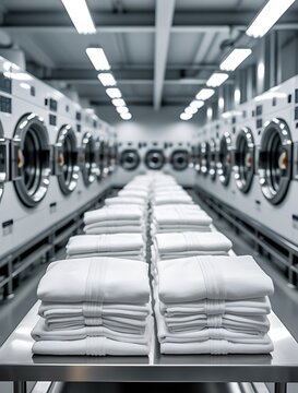Modern industrial laundry room interior with rows of washing machines and neatly folded towels, creating a sense of cleanliness, efficiency, symmetry, and professional service

