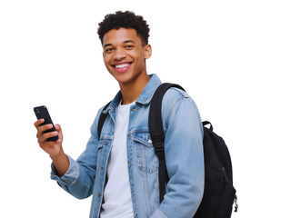 Smiling Young African American Student with Smartphone and Backpack