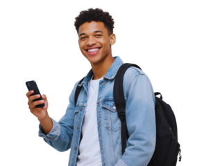 Smiling Young African American Student with Smartphone and Backpack