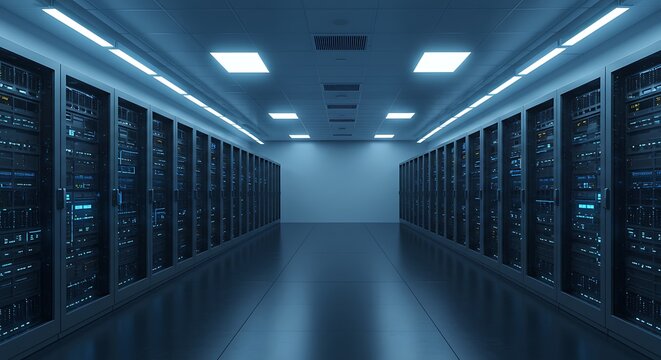 Data center server room with blue lights and racks for it infrastructure and cloud computing tech - Powered by Adobe