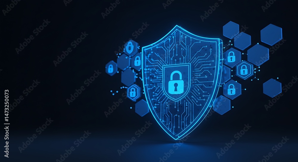 Poster cybersecurity shield digital protection and data privacy network security technology concept design