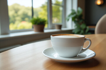 Obraz premium cup of coffee sitting on top of a wooden table 1