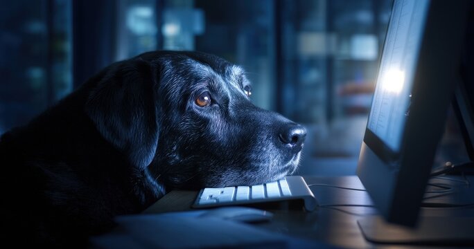 Black dog intently watching computer screen.