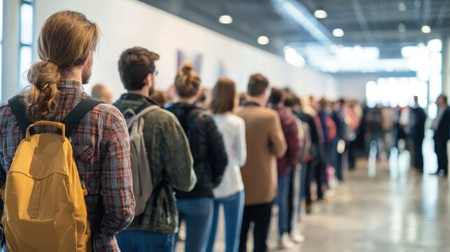 A long line of people waiting for interviews at a job fair event