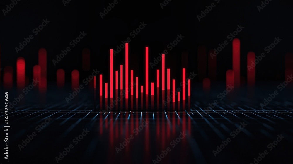 Poster a digital equalizer display with glowing red bars on a dark, futuristic background.