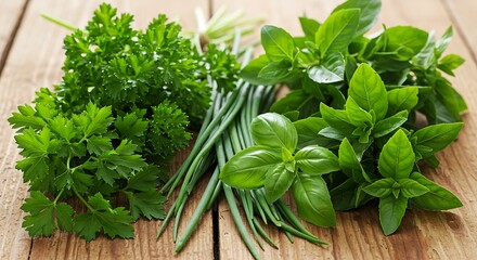 Fresh herbs on wooden table basil parsley and chives for cooking healthy food ingredients culinary herbs