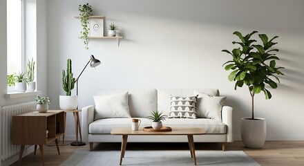 Obraz premium Modern living room interior design with sofa plants and decor for home staging and real estate appeal