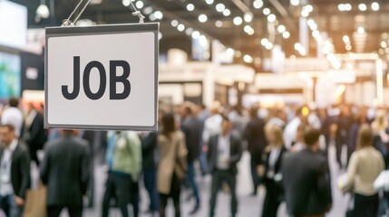 A job fair sign hanging above a crowded event hall