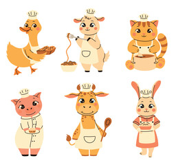 Cute cartoon animals cooks and bakers. Cat, giraffe, duck, hare, pig, goat. Flat vector illustration.