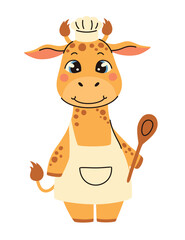 Cartoon giraffe chef in a kitchen apron. Flat vector illustration.