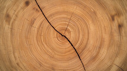 Naklejka premium Close-up of tree trunk cross-section showing growth rings and a large central crack.