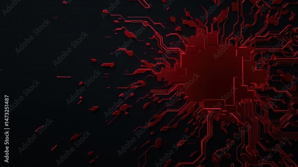 Poster red digital circuit pattern radiates from a central core on a dark background, evoking a high-tech, 