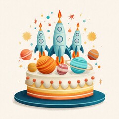 Colorful birthday cake decorated with space rockets and planets.