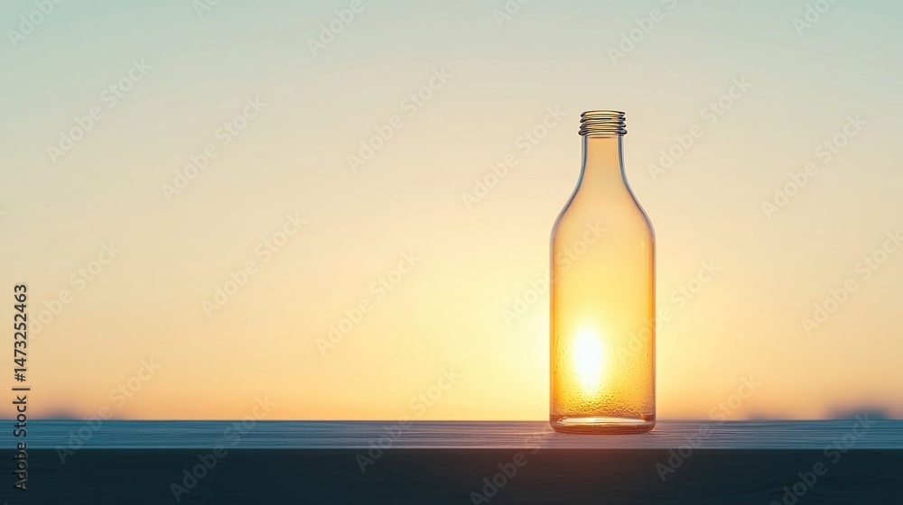 Poster a clear glass bottle stands on a ledge with the sun setting behind it, creating a warm and serene gl