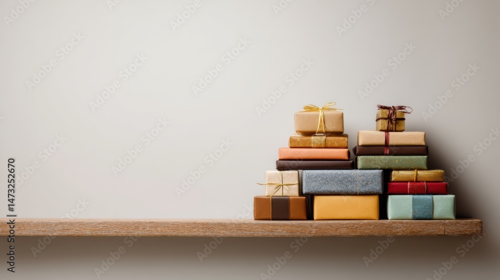 Aufkleber Gift Presents Stacked on a Minimal Shelf With Large Negative Space Above Creating an Elegant Atmosphere