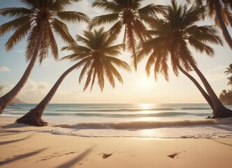Obraz premium Sun-drenched palm trees lean over a vintage-toned sandy beach, ocean waves gently lapping the shore , coastal scene, film photography