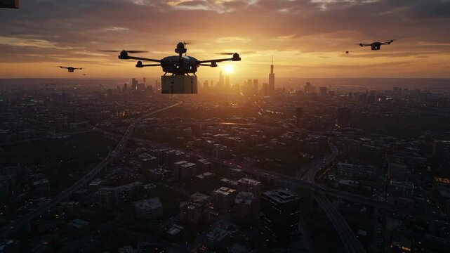 Aerial video captures a drone delivering a package over a cityscape at sunset, futuristic logistics from a high-angle perspective. complex drone aerial cityscape sunset urban landscape, 4k video