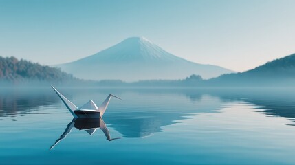 Fototapeta premium A serene paper crane floating on a tranquil lake with mountains.