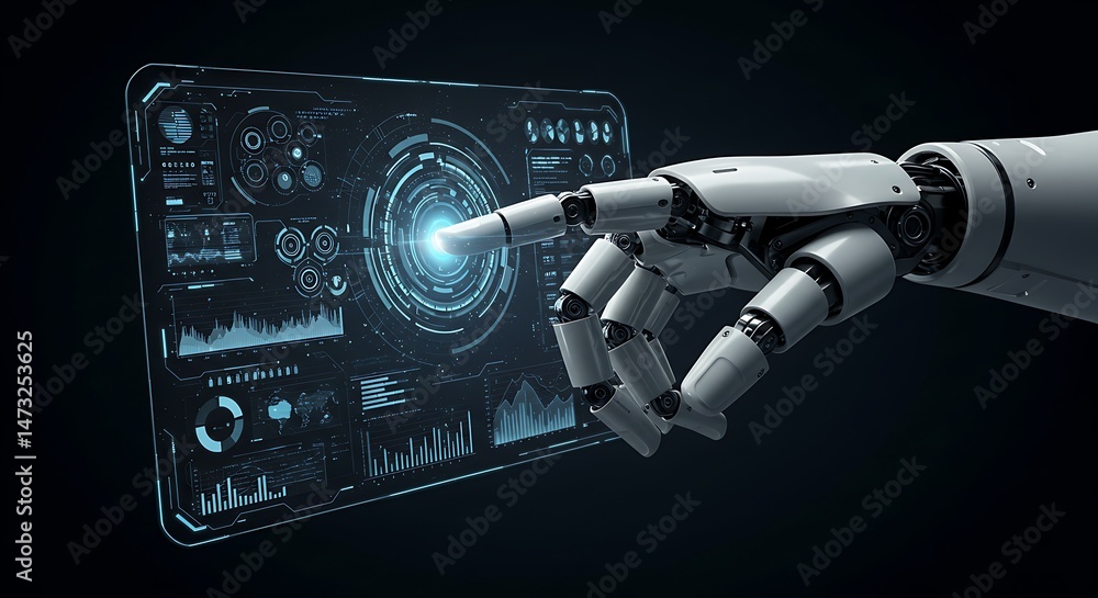 Poster robot hand interacting with digital interface technology artificial intelligence concept design
